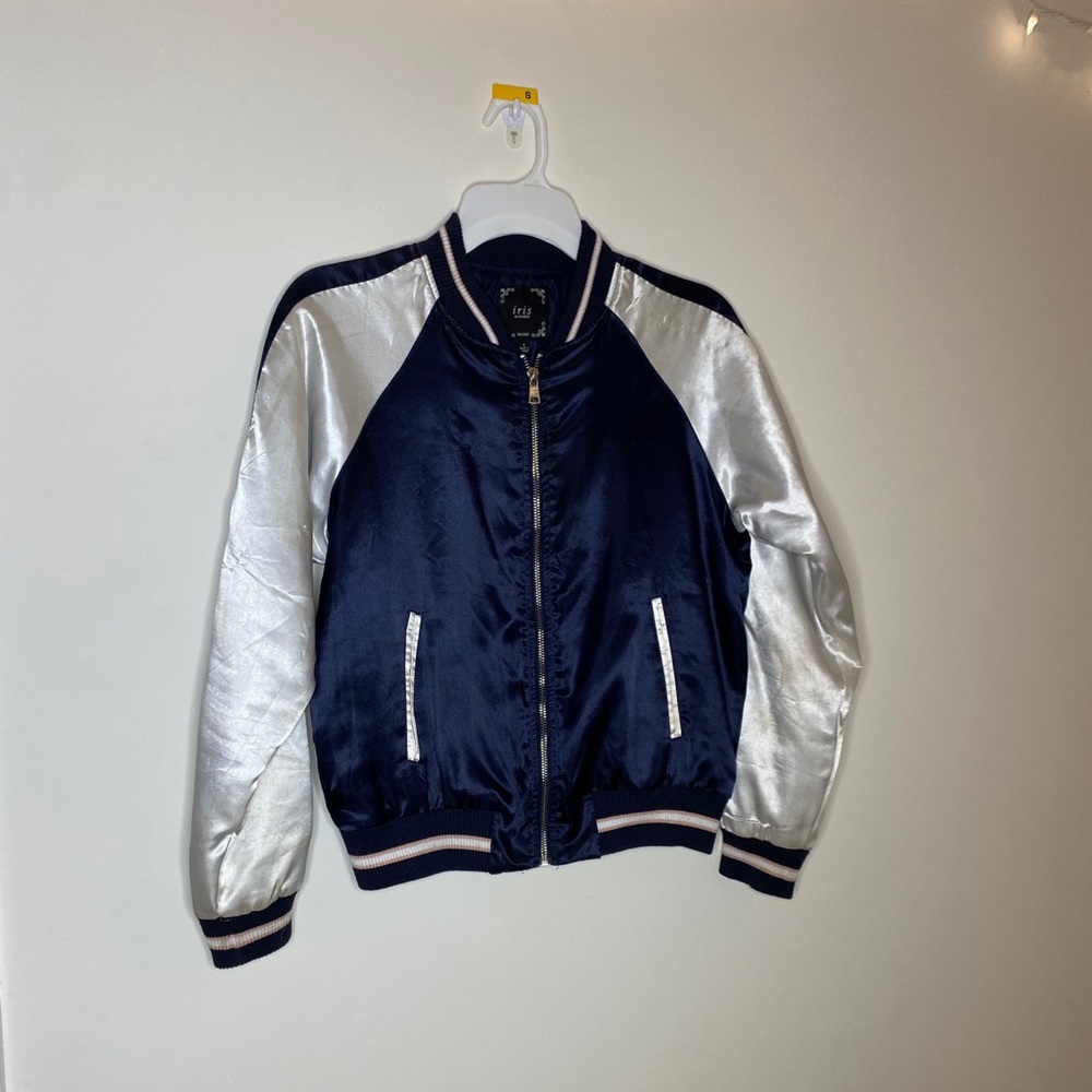 Navy and White Silk Bomber Jacket